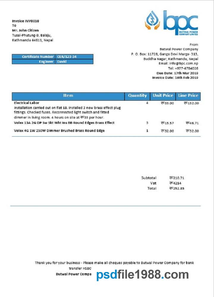 Nepal Butwal Power Company Limited Electricity Utility Bill